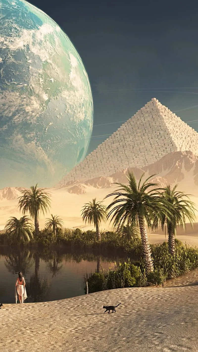Pyramid, egypt, girl, lake, palm, sand, tree, HD phone wallpaper
