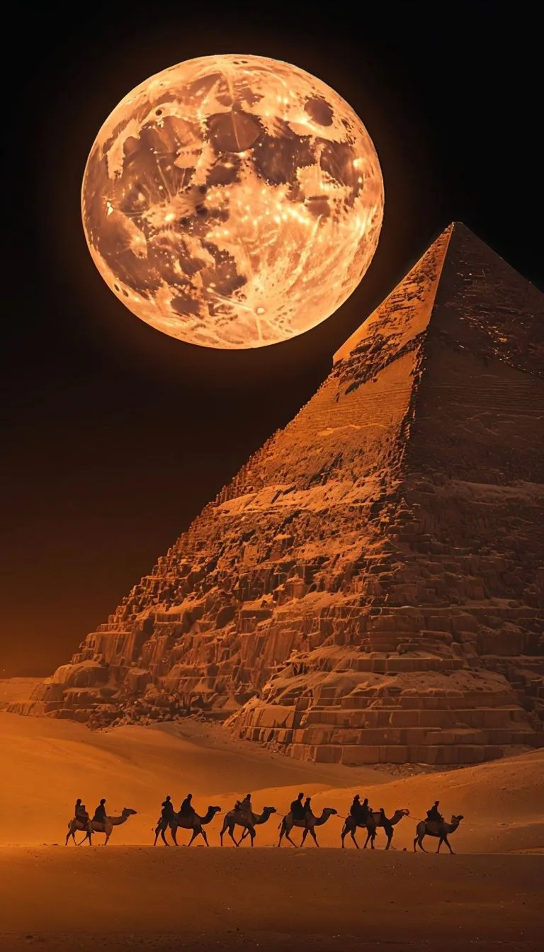 Free and customizeable night landscape of egypt with faint white light background and a silver symbol in the center