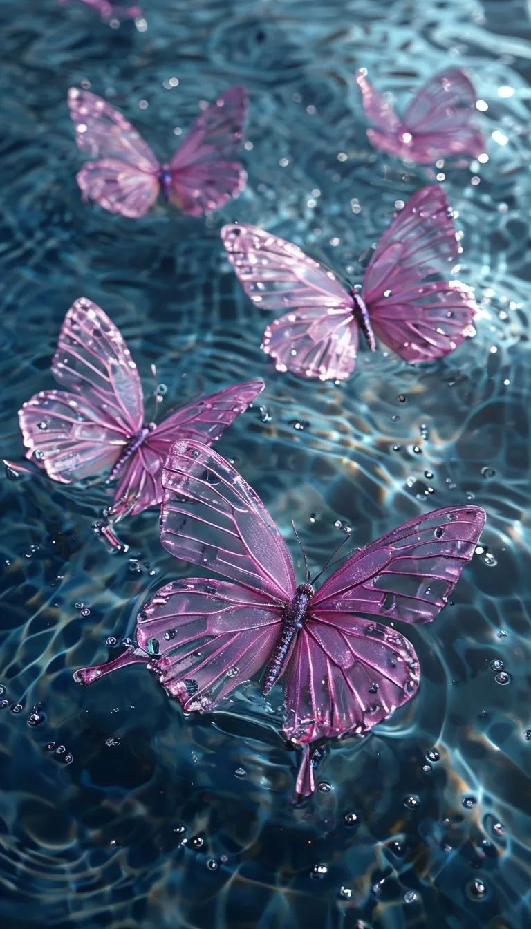Translucent Pink Butterflies on Reflective Blue Water Mobile Wallpaper