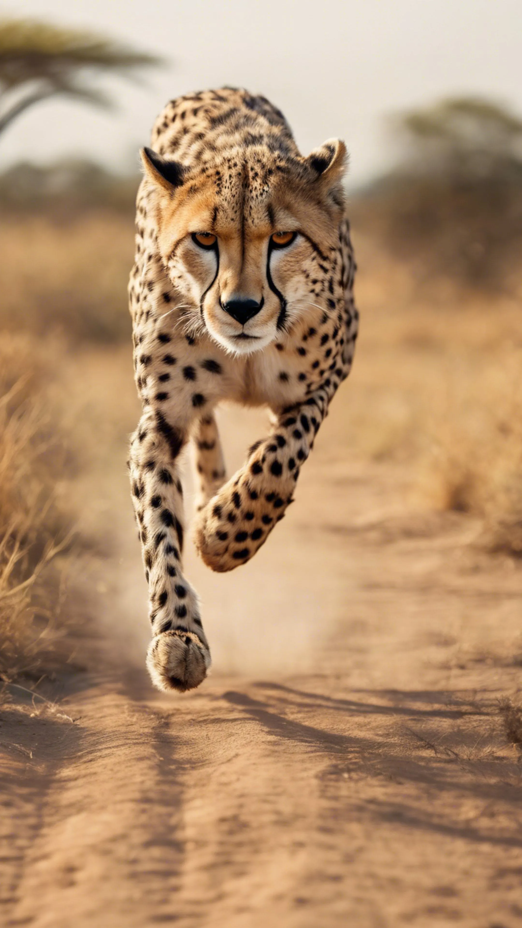 An African landscape with a cheetah sprinting, its distinct print standing out. Wallpaper [0bde3fe539cf4d91aae2]