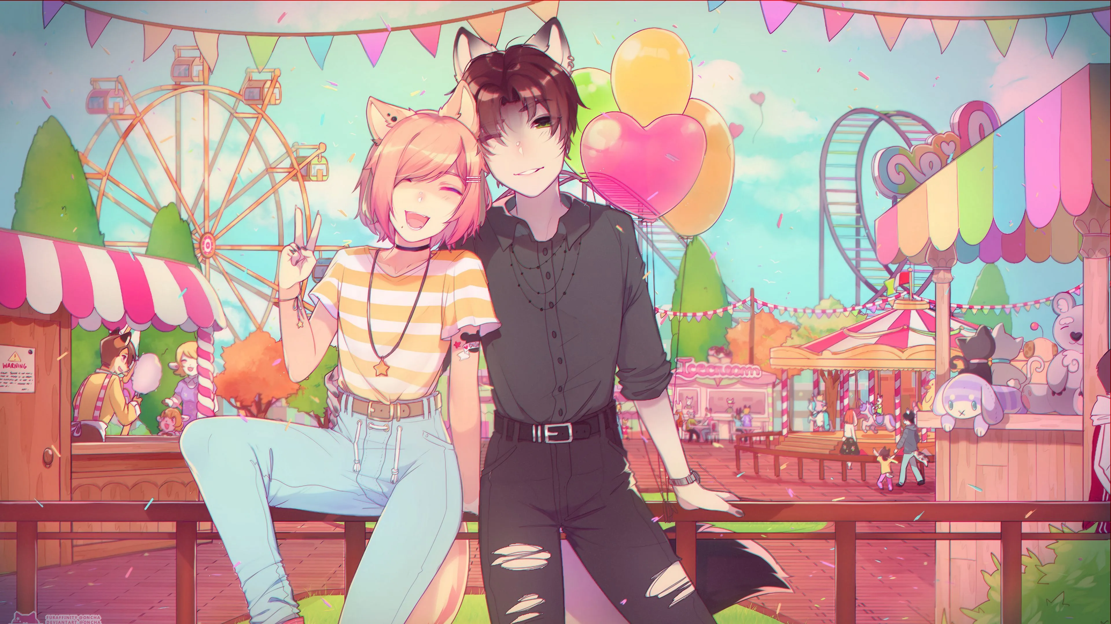 Download wallpaper 3840x2160 neko, couple, smile, amusement park, happy, anime 4k uhd 16:9 HD background