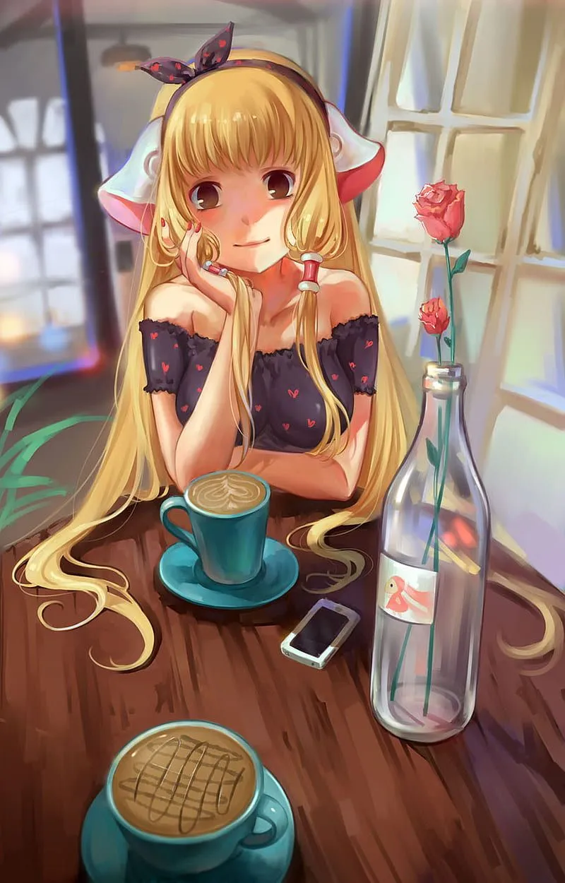 Chobits, anime girls, Chi, coffee, long hair, blond hair, cyborg, small boobs, HD phone wallpaper