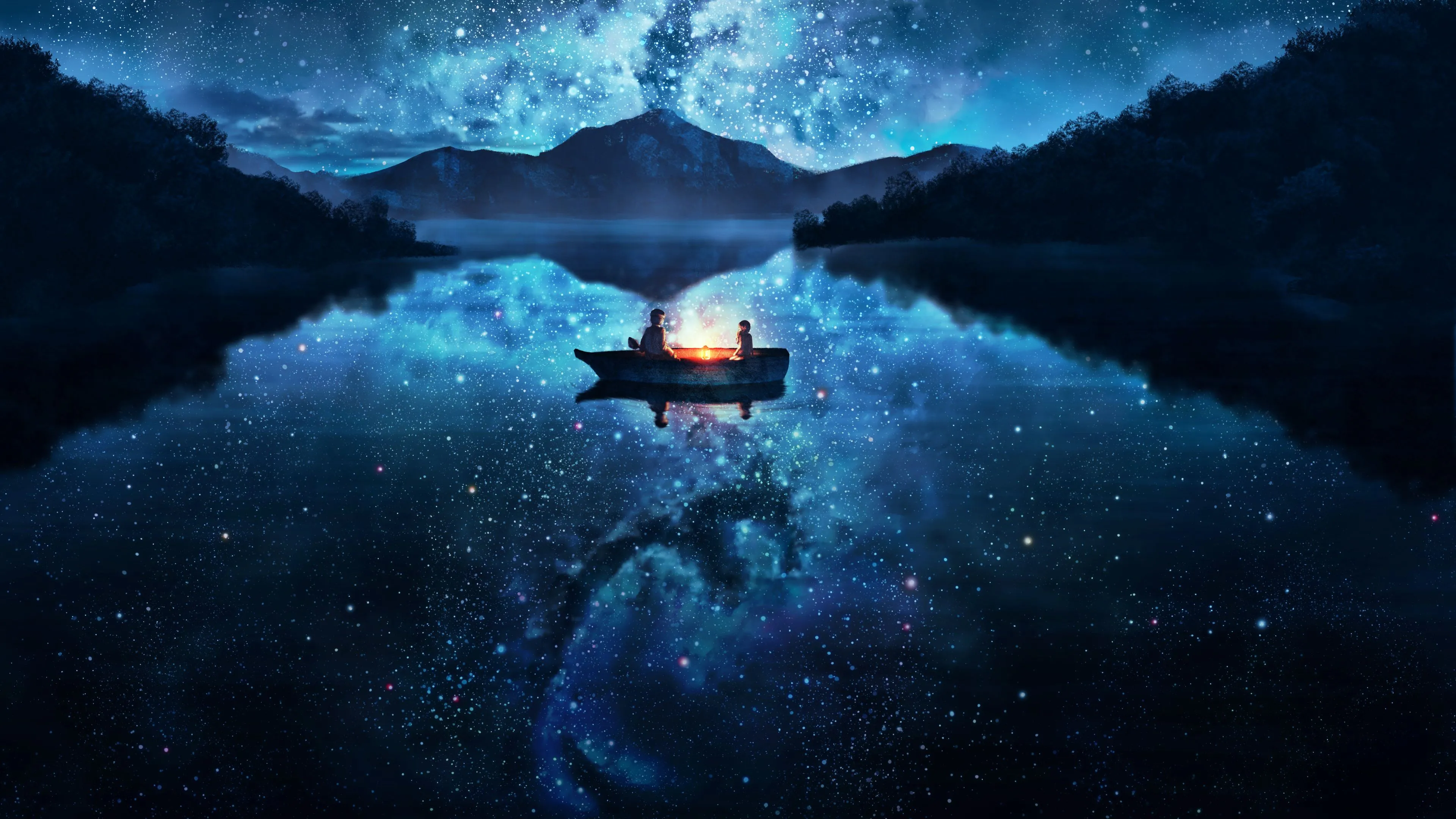 Phone wallpaper: Anime, Night, Reflection, Lake, Boat, Starry Sky, Scenic 749715