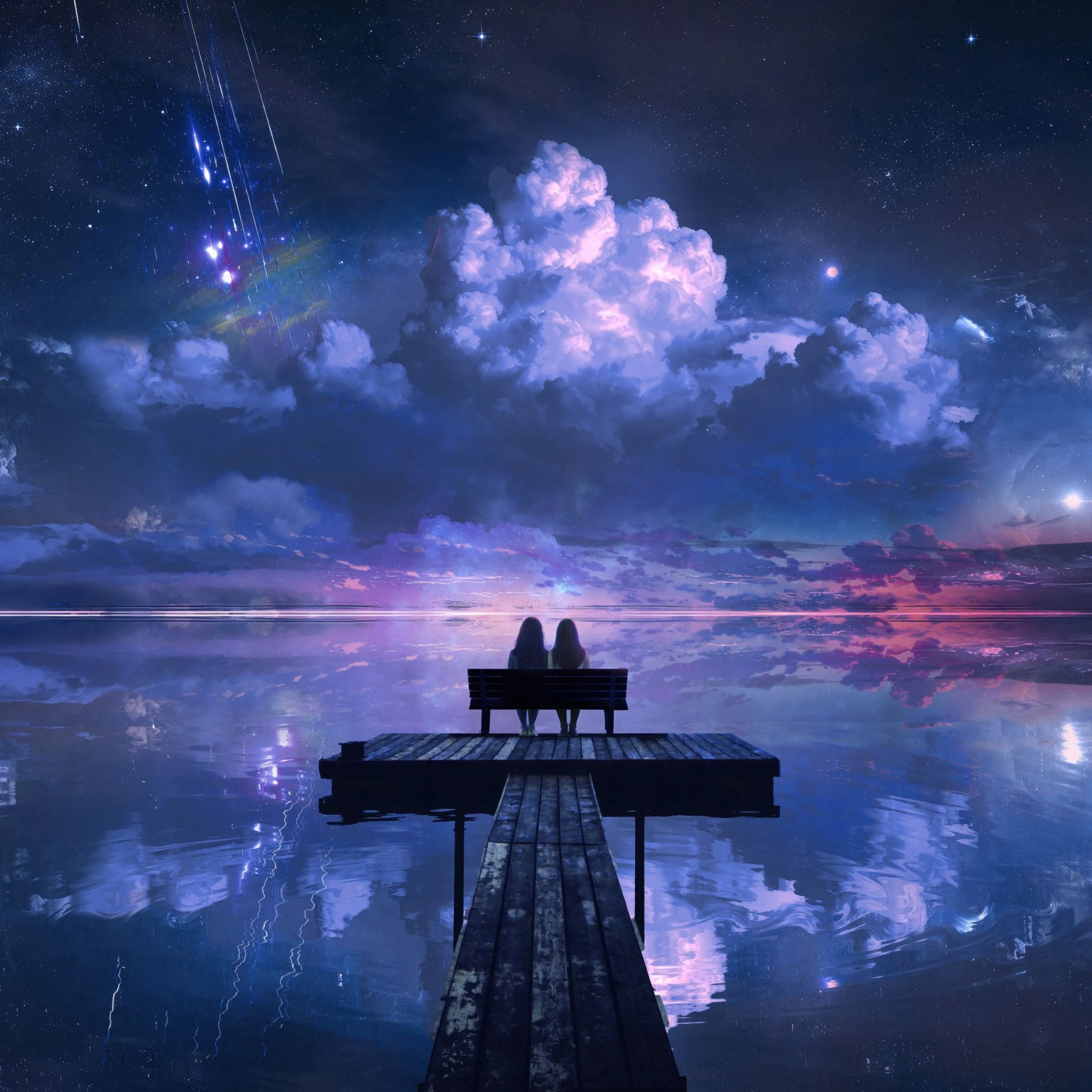 Romantic Wallpaper 4K, Night sky, Lake, Reflections