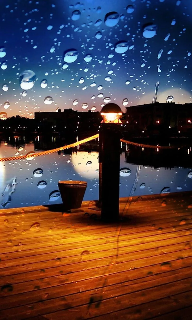 Rainy night, drops, lake, nature, new, nice, rain, water, weather, wharf, HD phone wallpaper