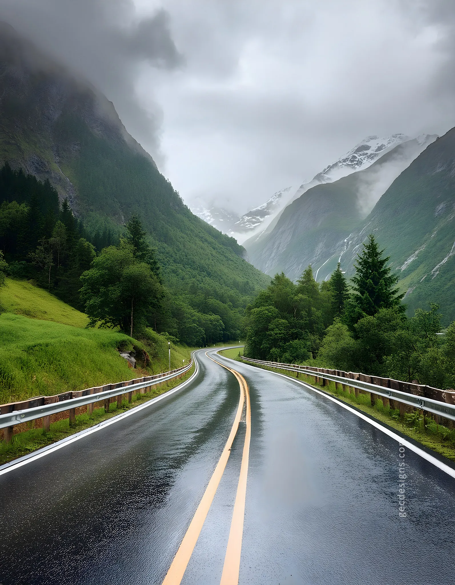 Curvy road into the mountains on rainy day wallpaper