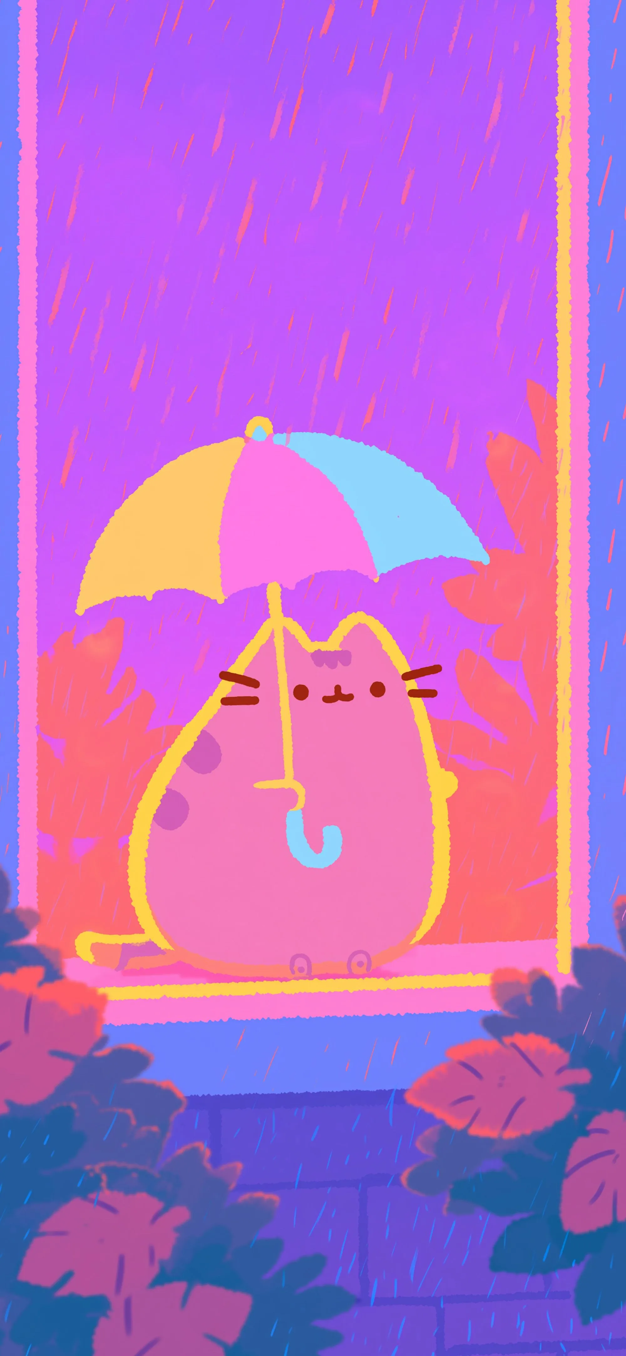Pusheen Rainy Day Umbrella Kawaii Wallpaper