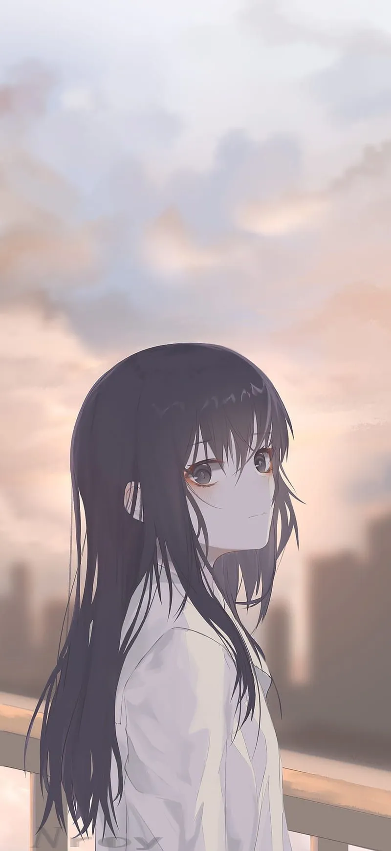 Anime girls, dark hair, anime, dark eyes, long hair, Pixiv, HD phone wallpaper