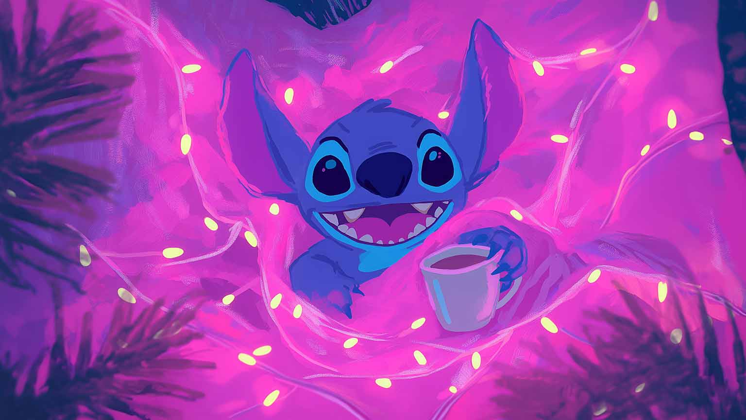 Stitch Laughing In Tangled Purple Fairylights Desktop Wallpaper