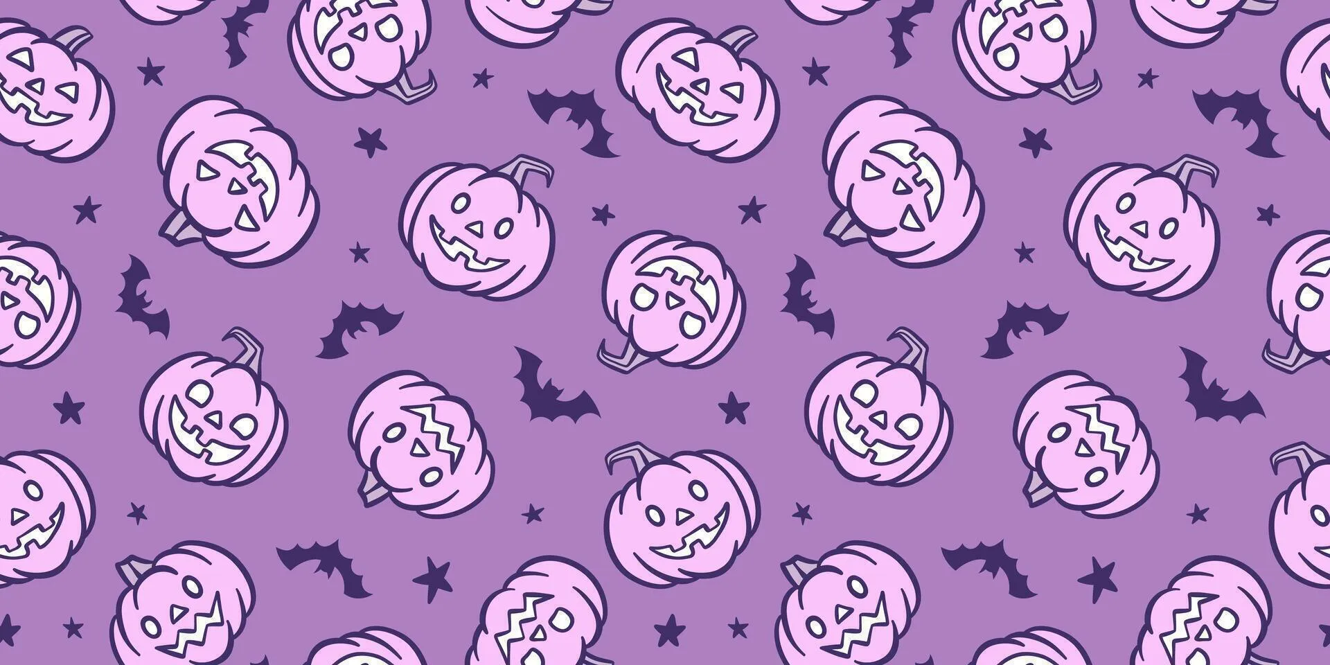 Purple Pumpkin Seamless Repeating Pattern Background Wide Horizontal Banner Design Cute Cartoon Halloween Wallpaper Repeat Tile