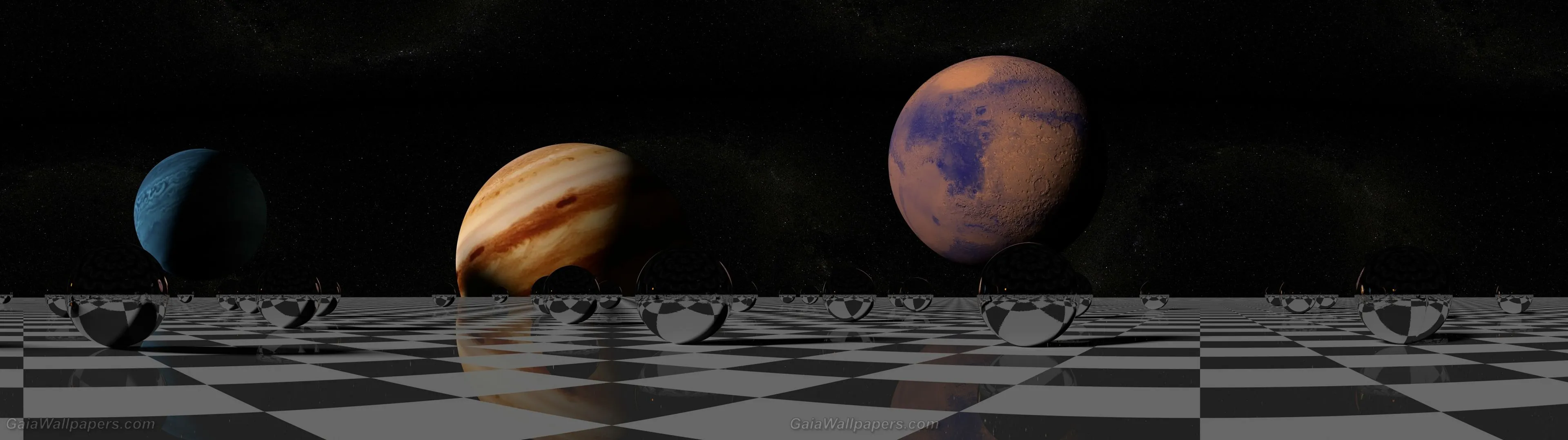 Small solar system reflecting on the chessboard wallpaper 3840x1080 Desktop Wallpaper