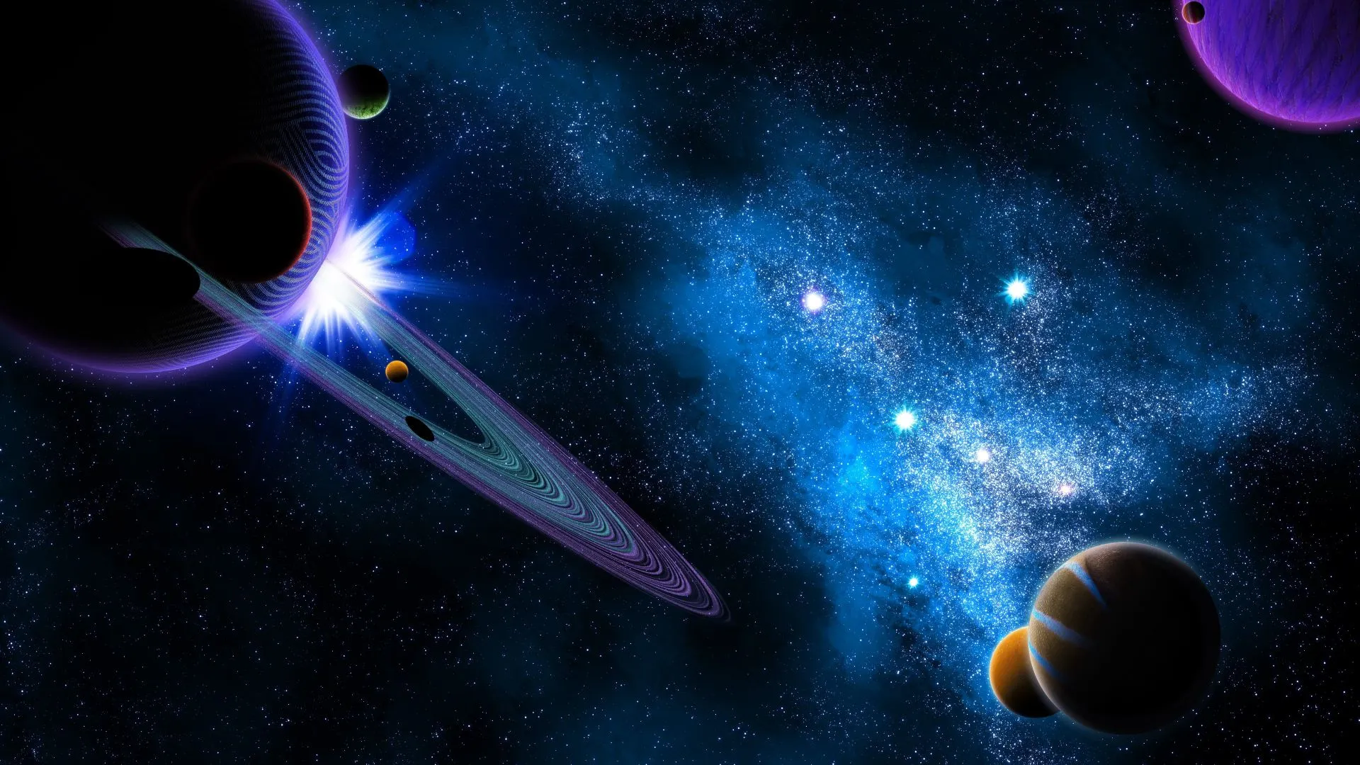 Planets of the solar system in space with the Milky Way Desktop wallpaper 1920x1080
