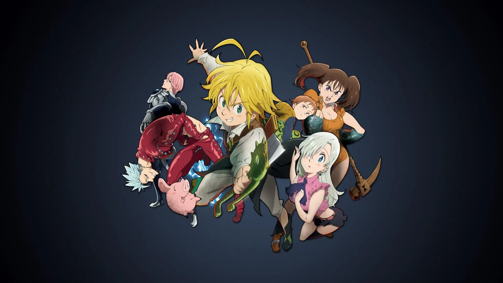 Wallpaper anime, art, black background, characters, Nanatsu no Taizai, The seven deadly sins for mobile and desktop, section сёнэн, resolution 1920x1080