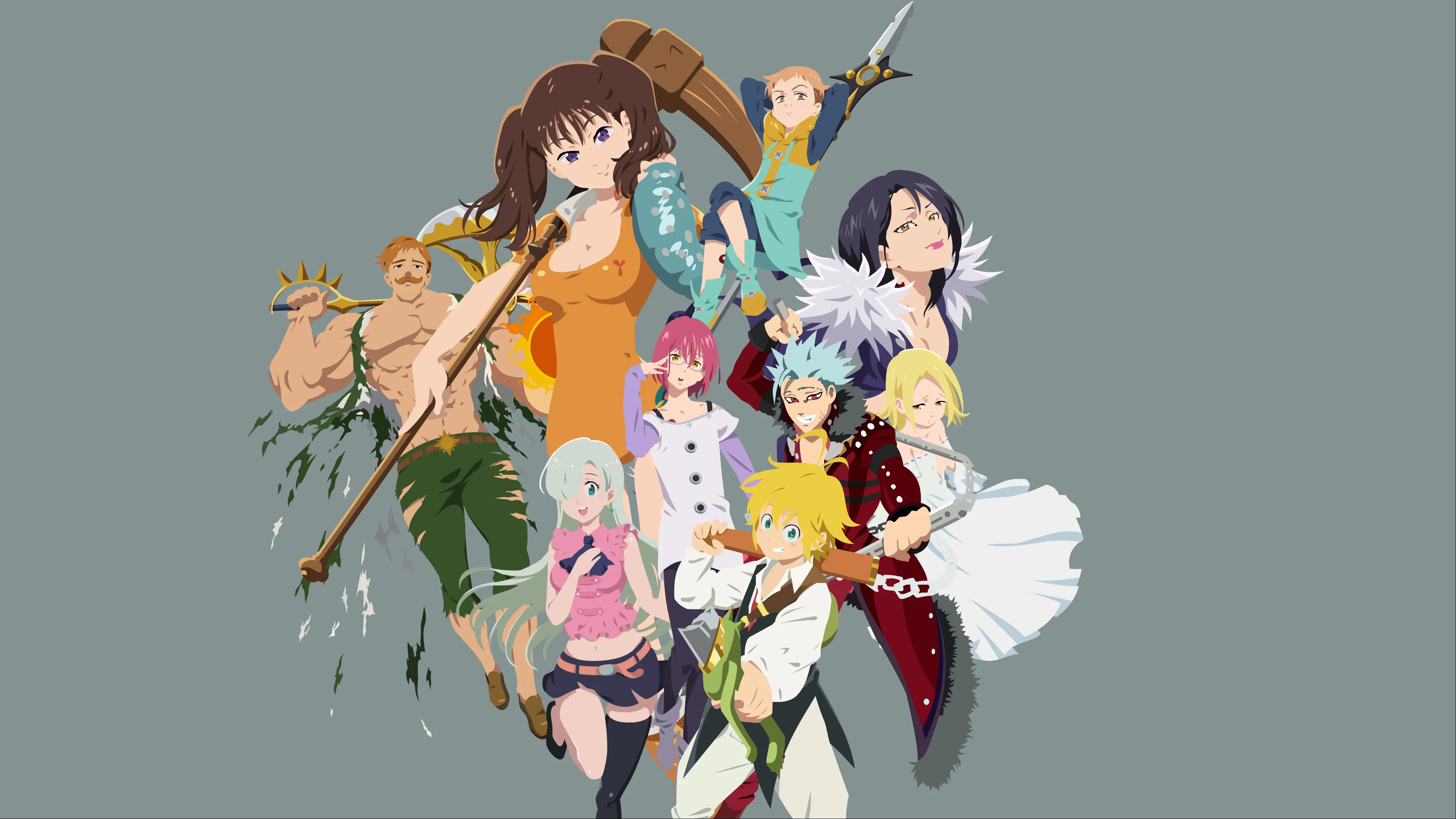 anime, anime girls, anime boys, Nanatsu no Taizai, meliodas, Gowther (Sin of Lust), Ban (Sin of Greed), Diane (Sin of Envy), Merlin (Nanatsu no Taizai), Fairy King Harlequin, Escanor, minimalism