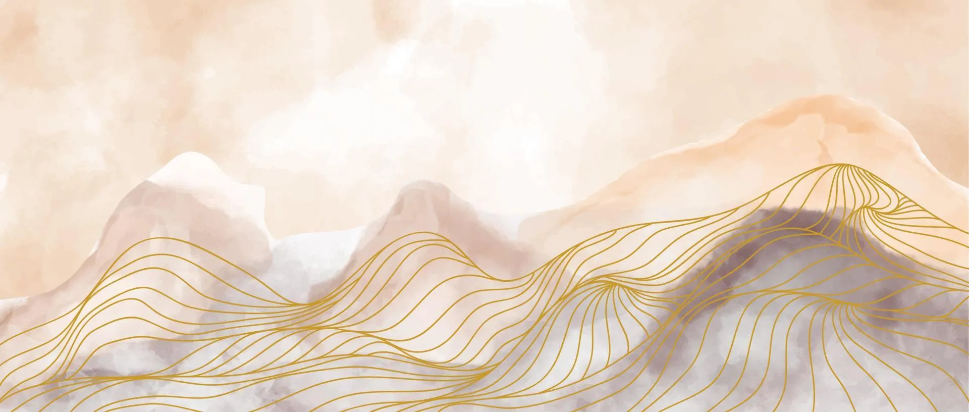 Mountain line art print with watercolor brush and gold line texture. wallpaper design for cover background. Abstract contemporary aesthetic background landscapes. vector illustrations