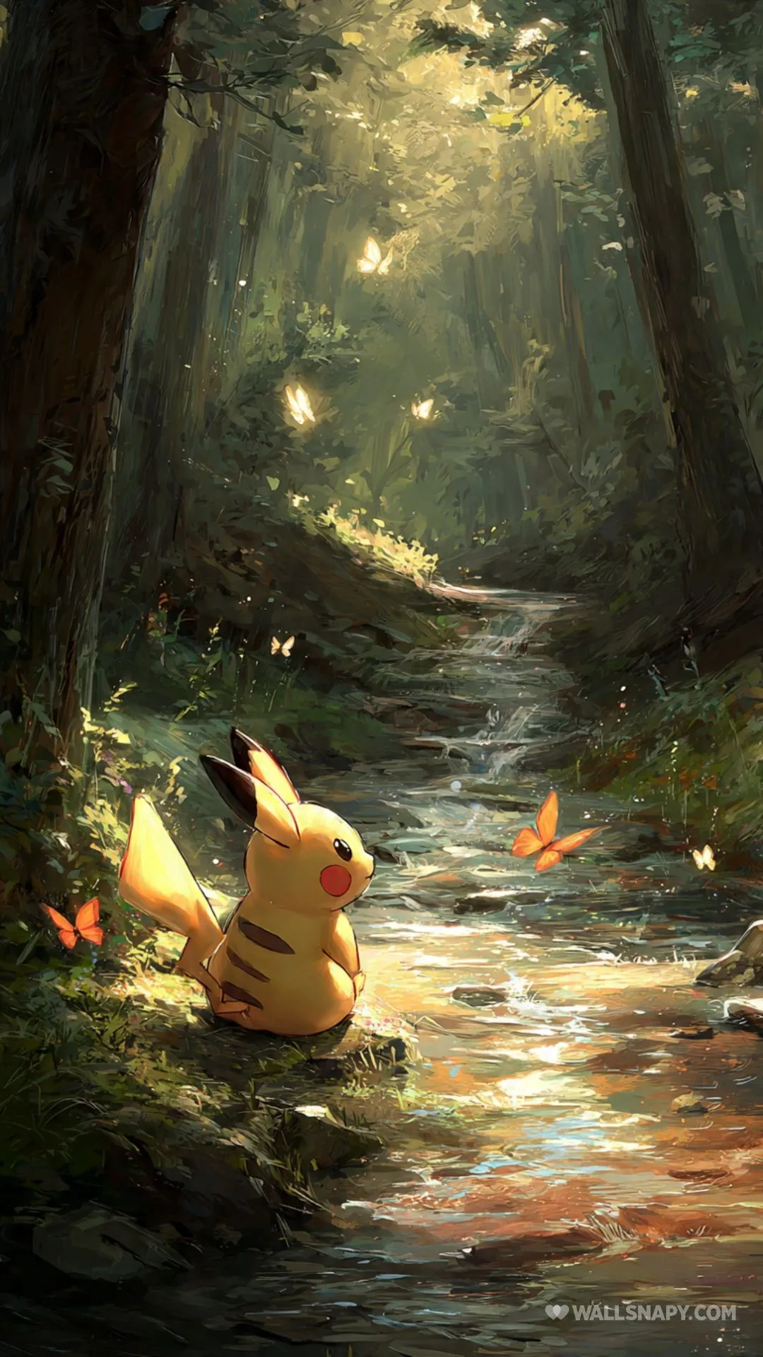 Pikachu dappled sunlight forest scene HD mobile wallpaper