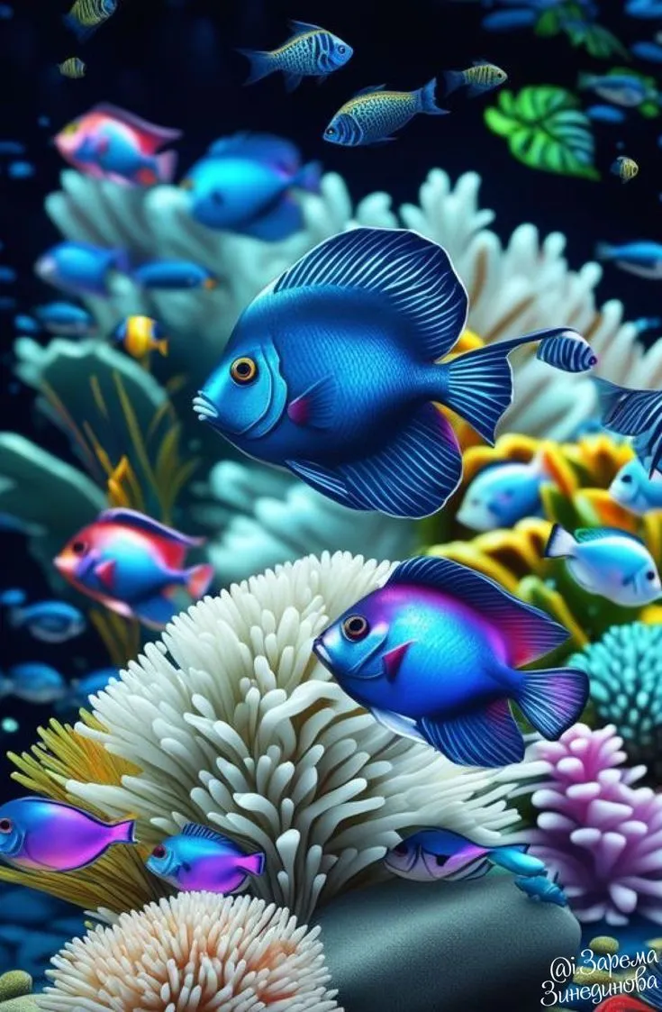 Underwater Scene with Blue Fish and Corals