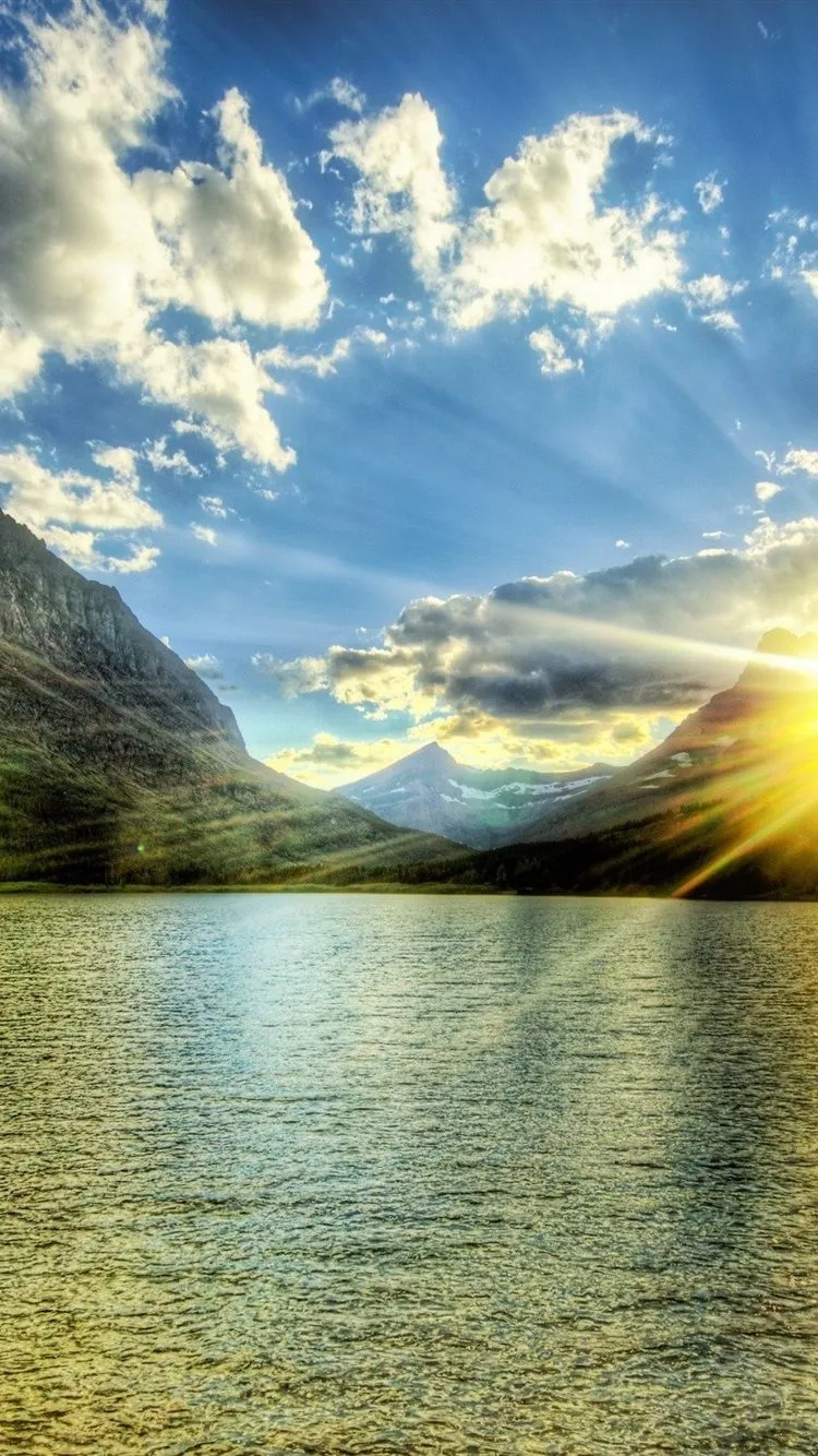 Lake, Mountains, Sunshine, Clouds, Glare 750x1334 IPhone 8 7 6 6S Wallpaper, Background, Picture, Image