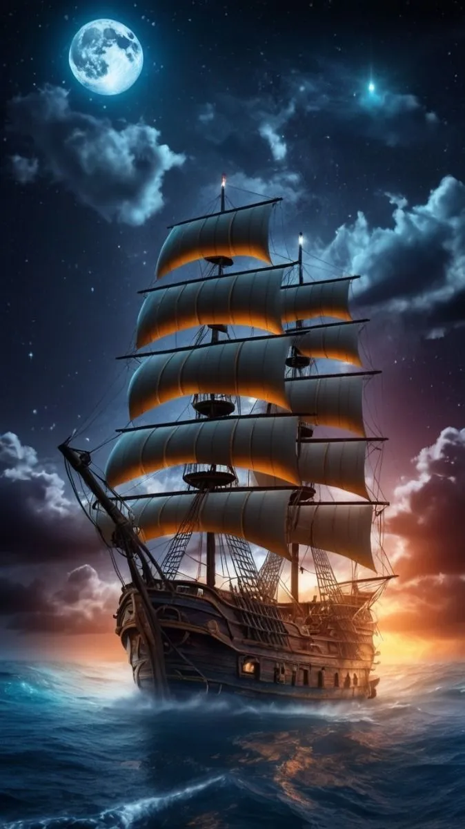 Majestic Pirate Ship Under Moonlit Sky Nautical Adventure Wallpaper