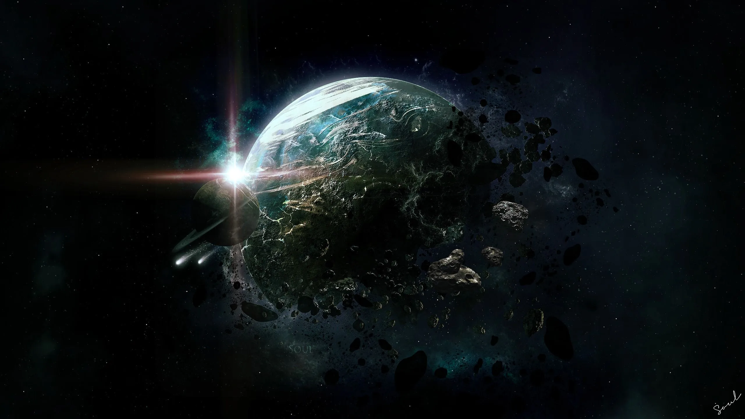 Wallpaper the wreckage, space, stars, planet, asteroids, ring, art, destruction for mobile and desktop, section космос, resolution 2560x1440