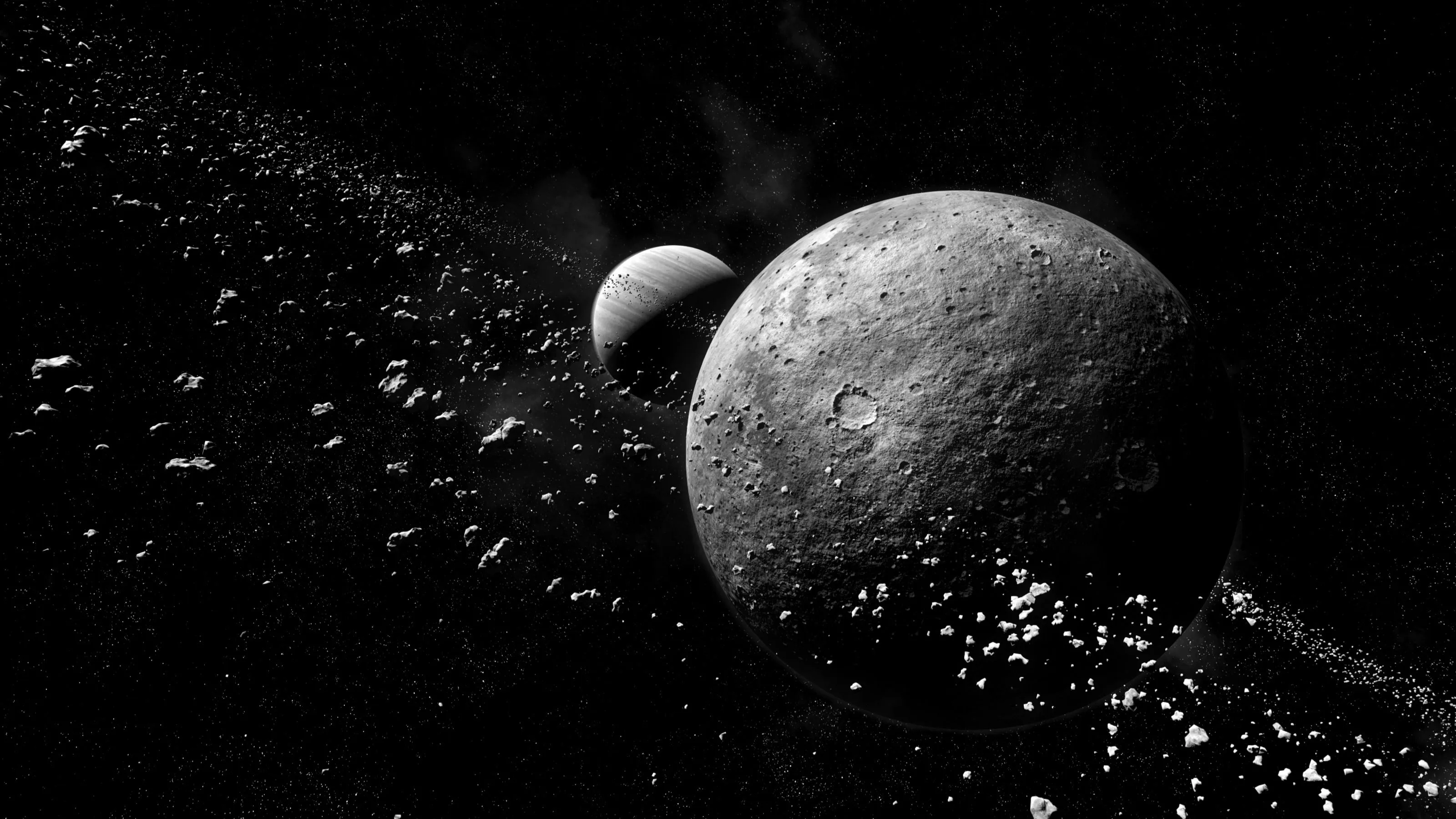 Desktop wallpaper: Sci Fi, Planet, Asteroid, Black & White, Moon, Space 4K free download for PC. 767189