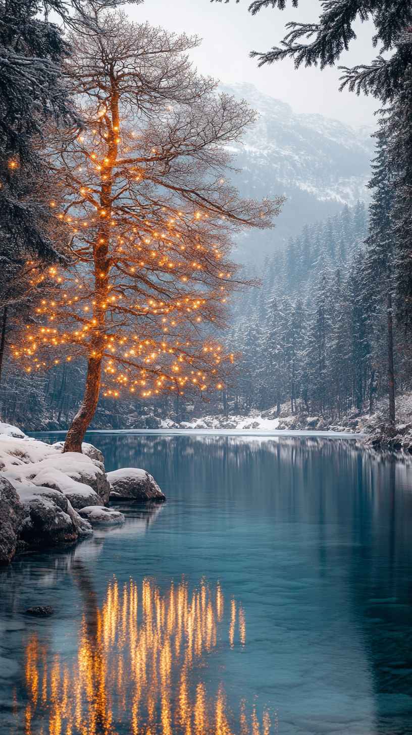 8K Winter Wonderland Lake Mobile Wallpaper: Illuminated Tree, iPhone Background