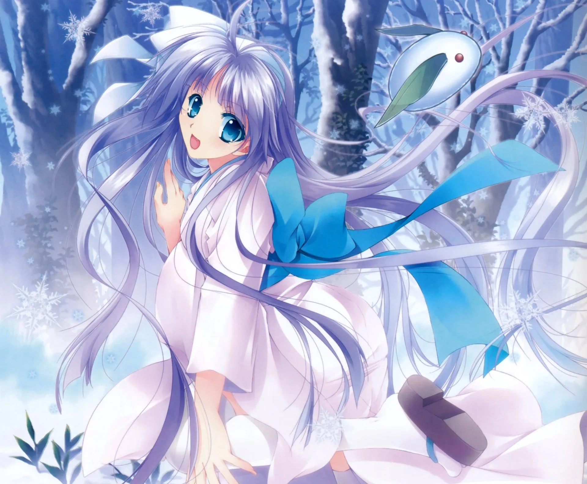 Silver Haired Kimono: Snowbound Smile & Blue Ribbon (4K Anime Wallpaper) By Yamamoto Kazuex4104