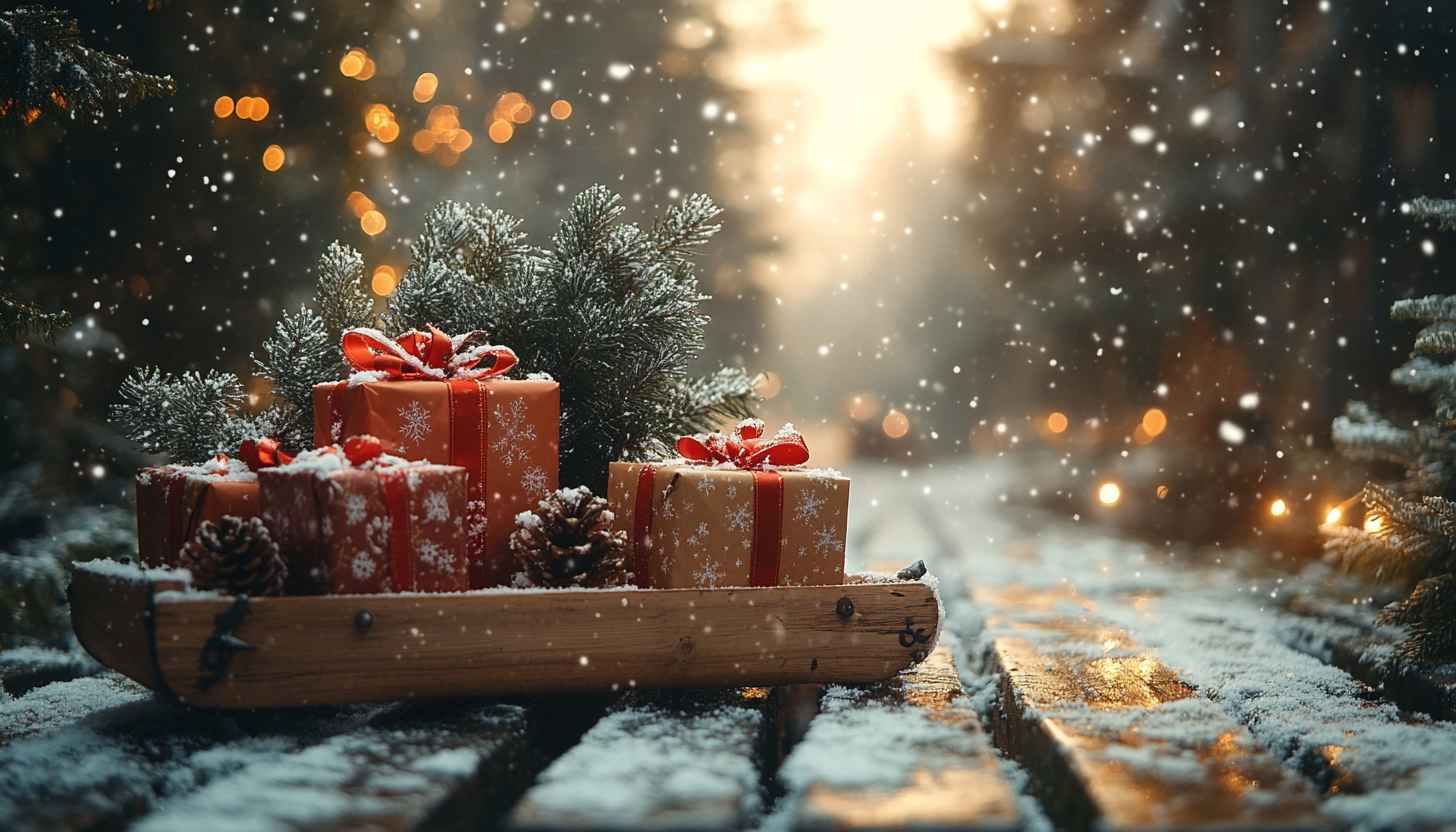 Snowy Christmas Gifts 4K Desktop Wallpaper: Winter Wonderland Background