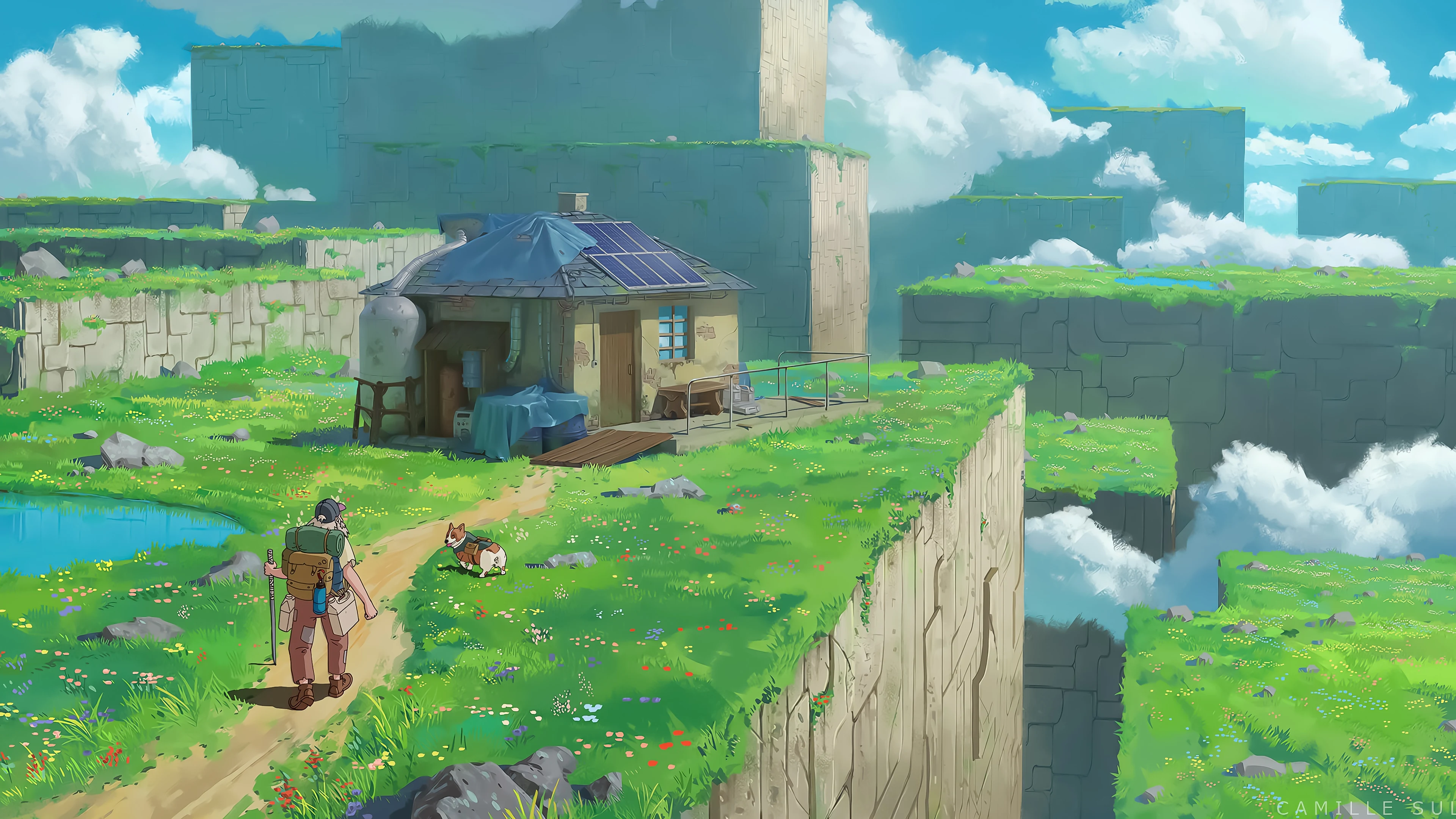 Studio Ghibli Dream: 4K PC Wallpaper by Camile Sule, The Explorer and His Corgi