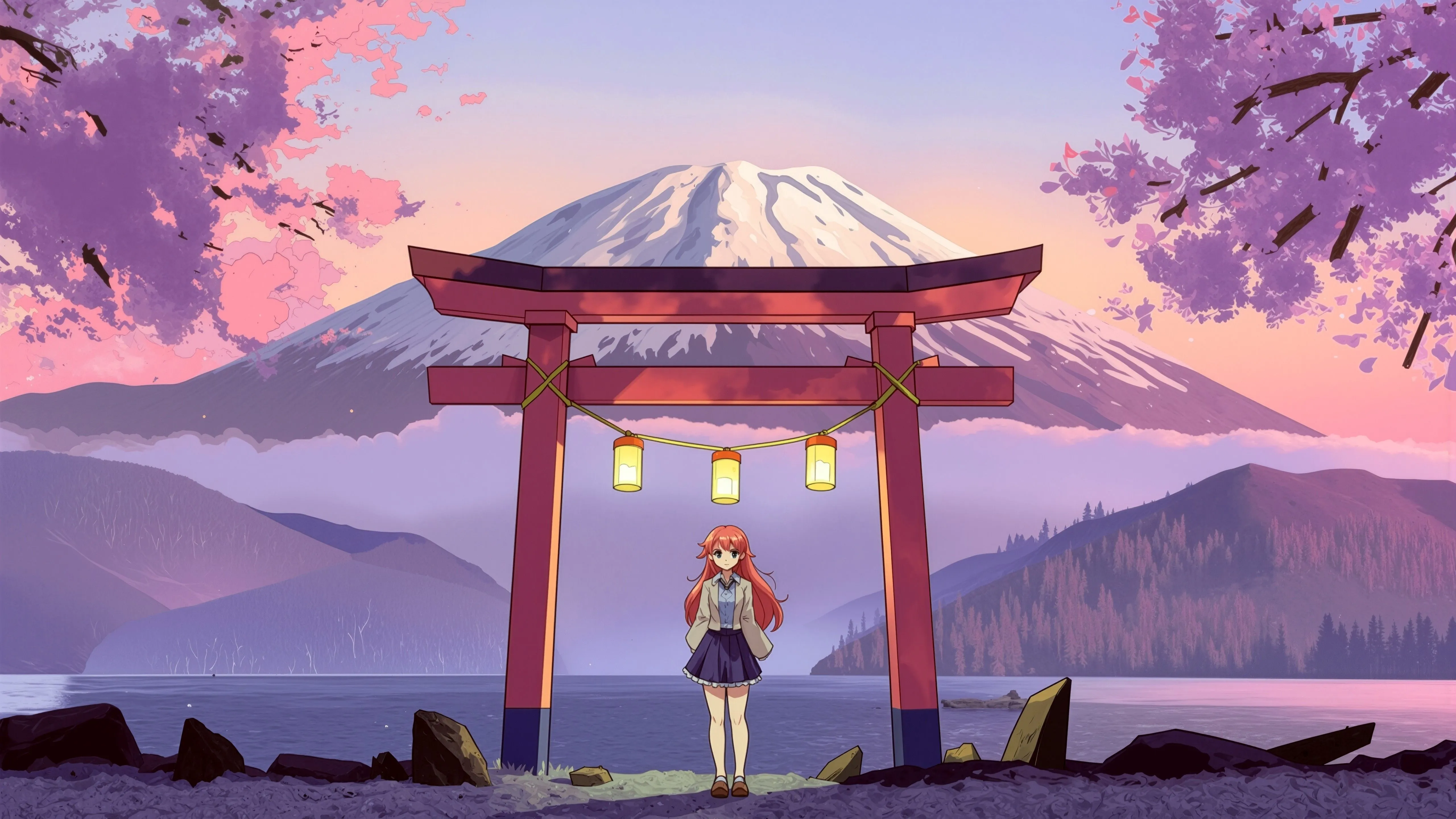 Anime girl in Japanese landscape with torii gate and mountain Aesthetic Wallpaper 4K for Desktop