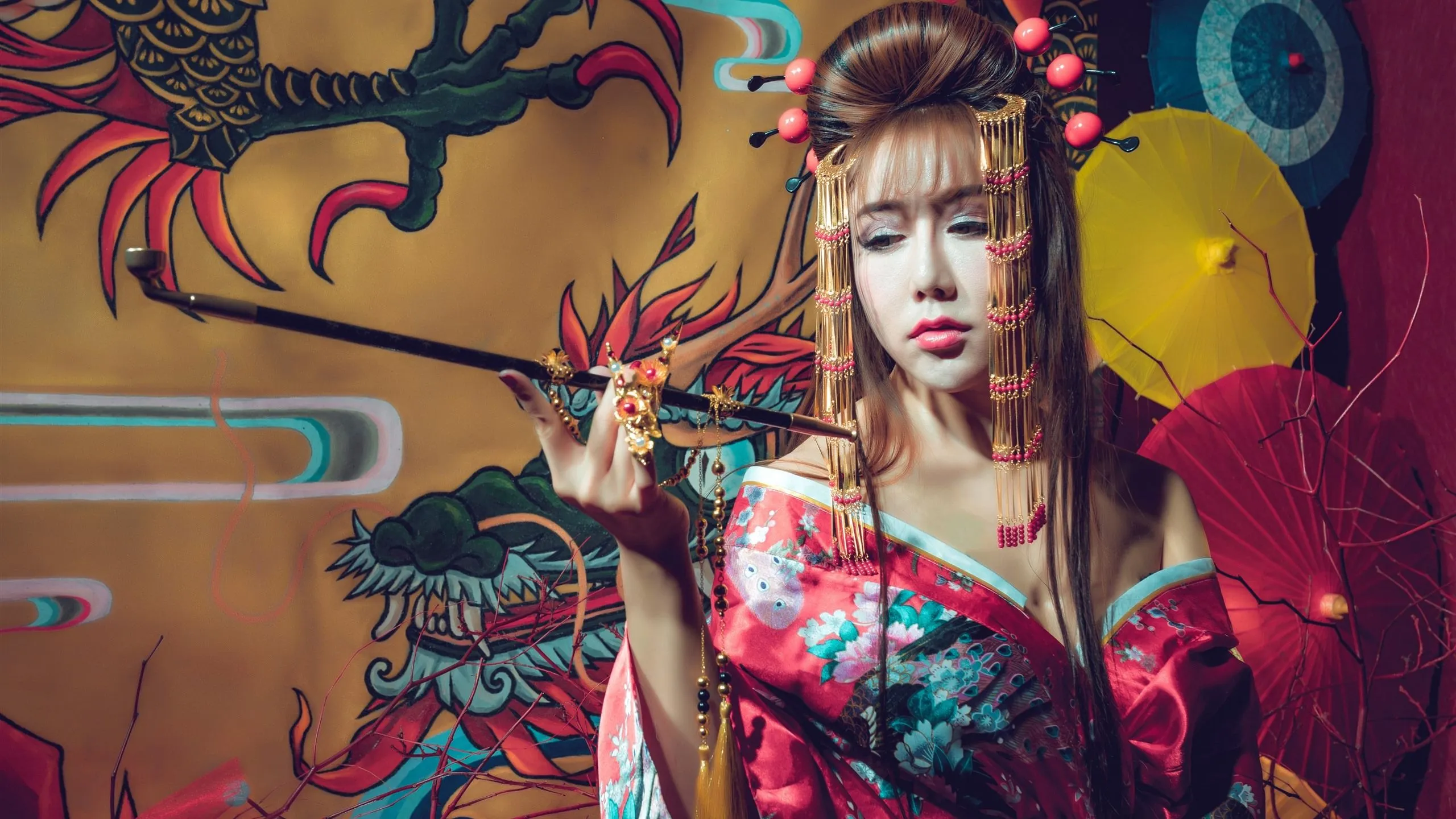 Wallpaper Japanese girl, kimono, smoke, umbrella 5120x2880 UHD 5K Picture, Image