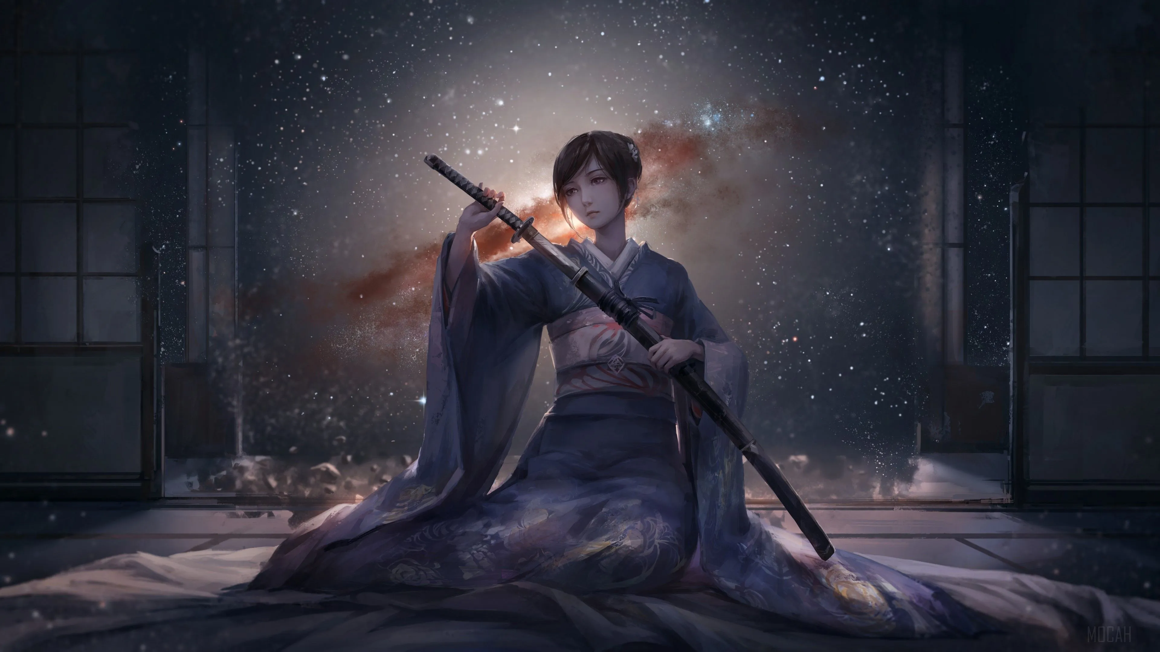 Woman Warrior In Kimono With Sword And Stars 4K, HD Wallpaper