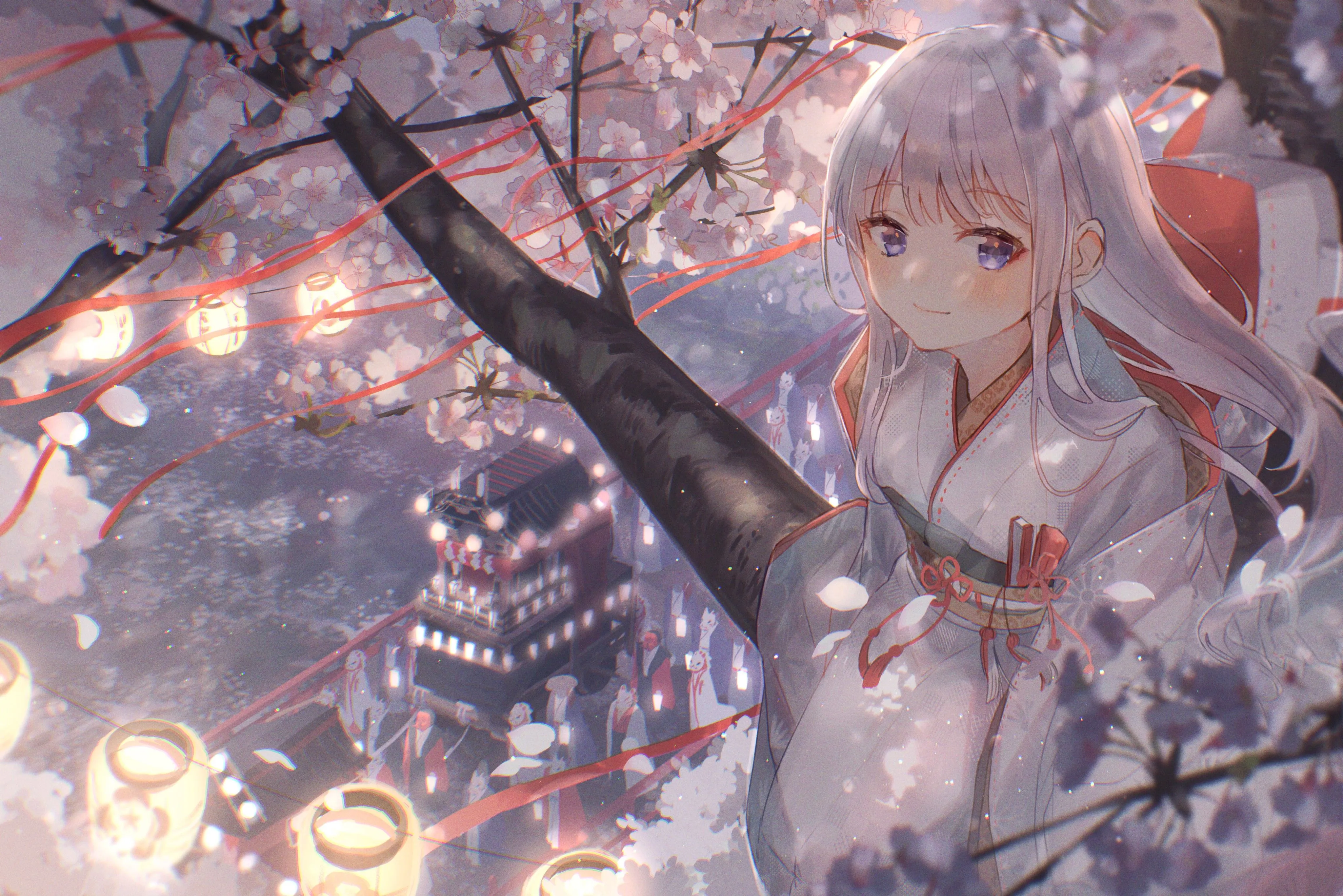 4K Anime Girl In Kimono Under Cherry Blossoms, HD Wallpaper