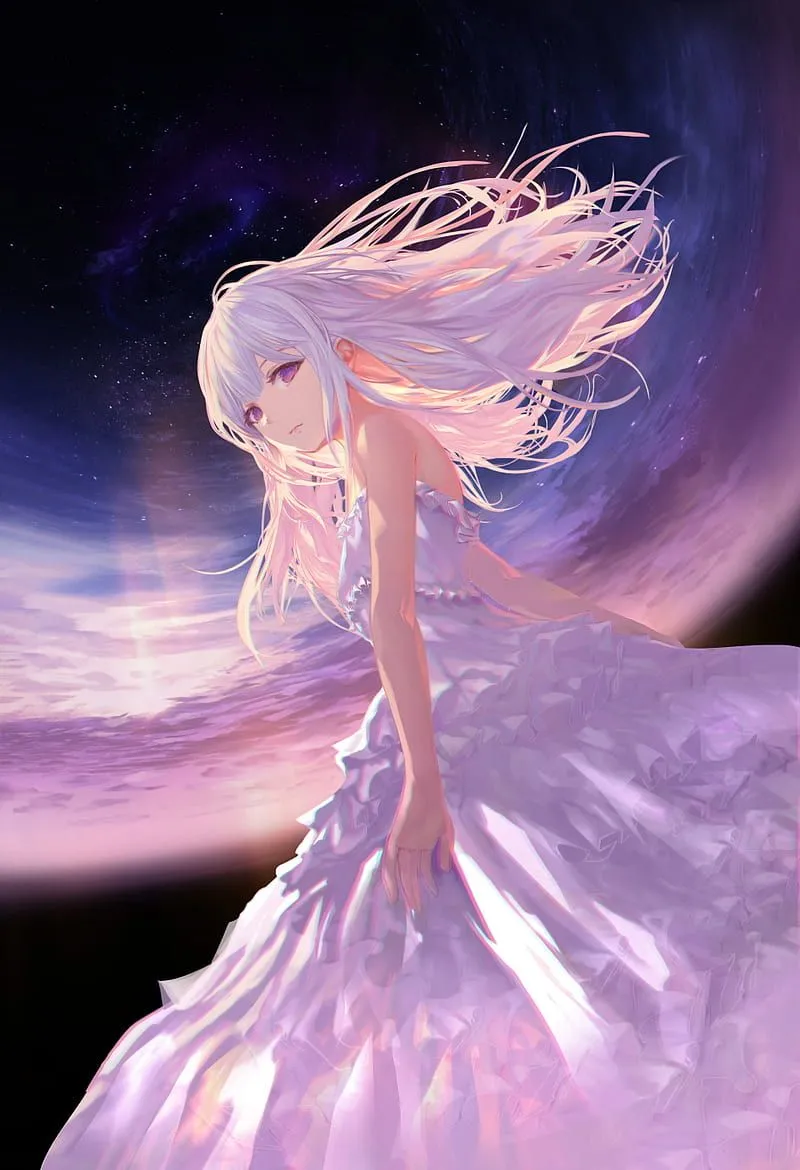 Anime, anime girls, dress, long hair, white hair, purple eyes, white dress, sky, HD phone wallpaper