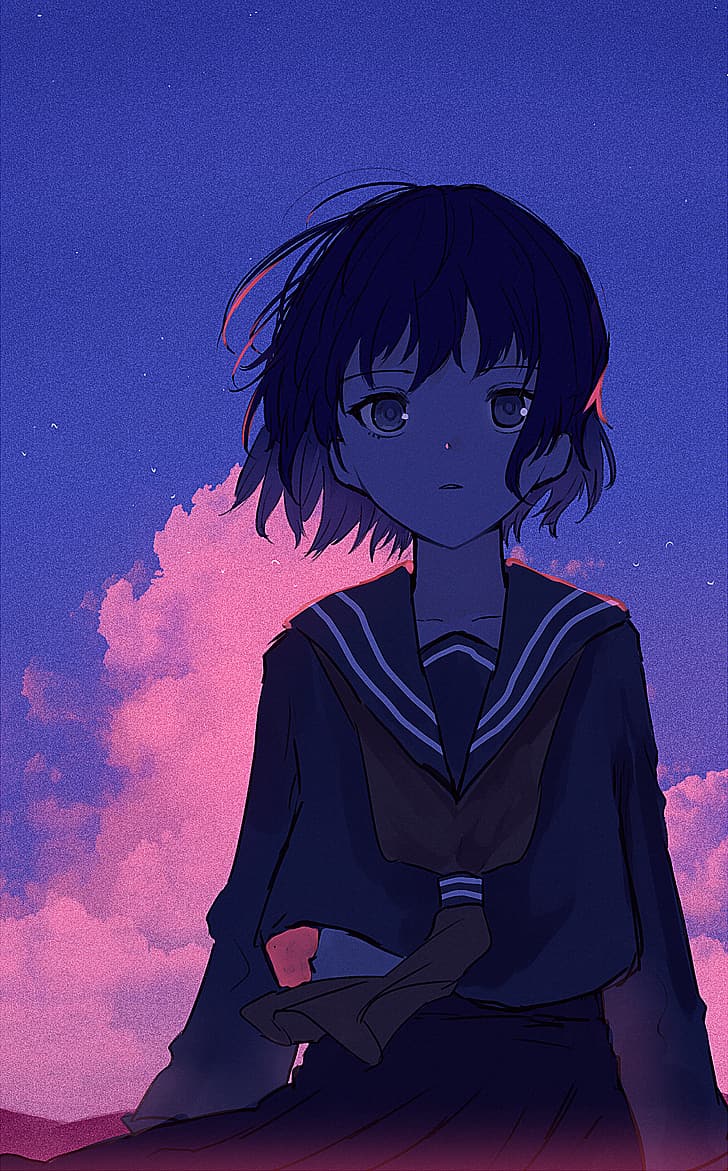 HD wallpaper: anime girls, original characters, dusk, landscape, dark hair