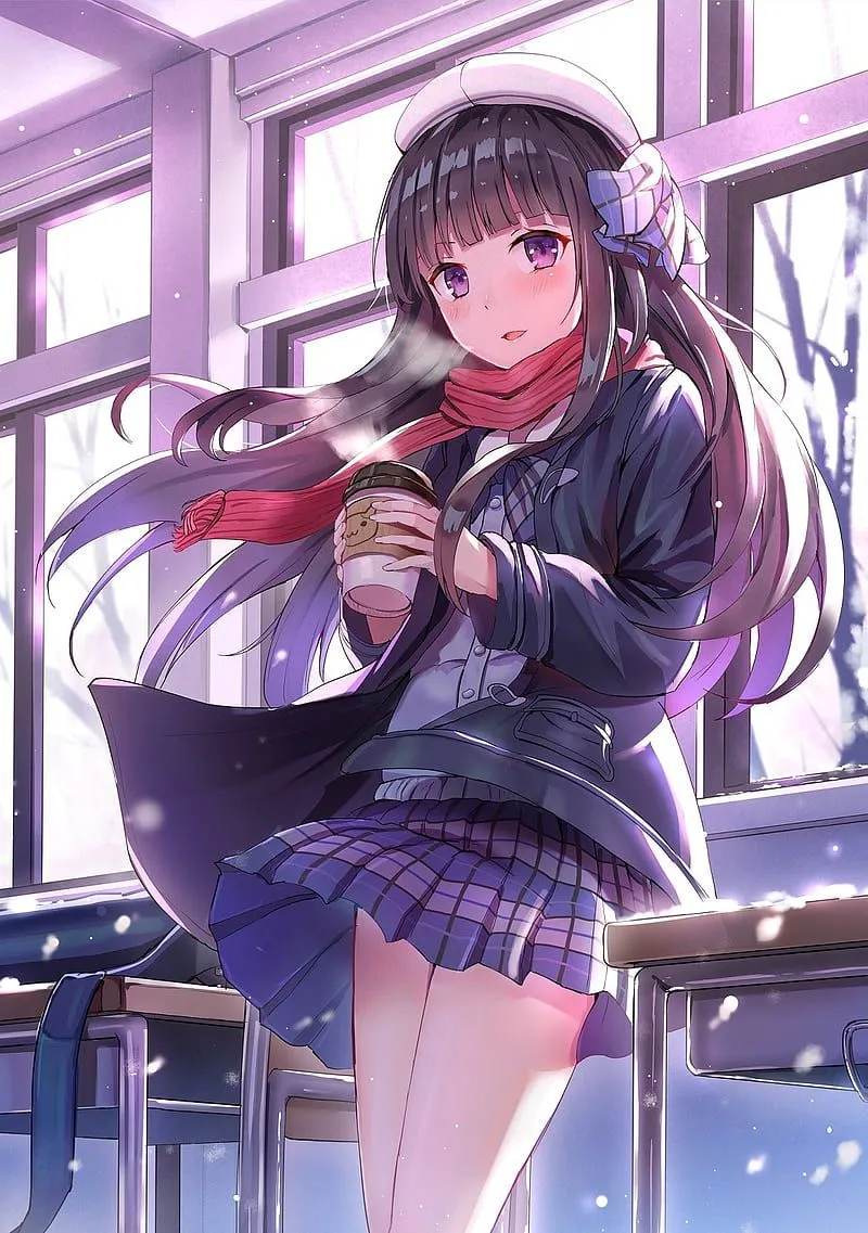 Anime, anime girls, long hair, brunette, purple eyes, coffee, skirt, HD phone wallpaper