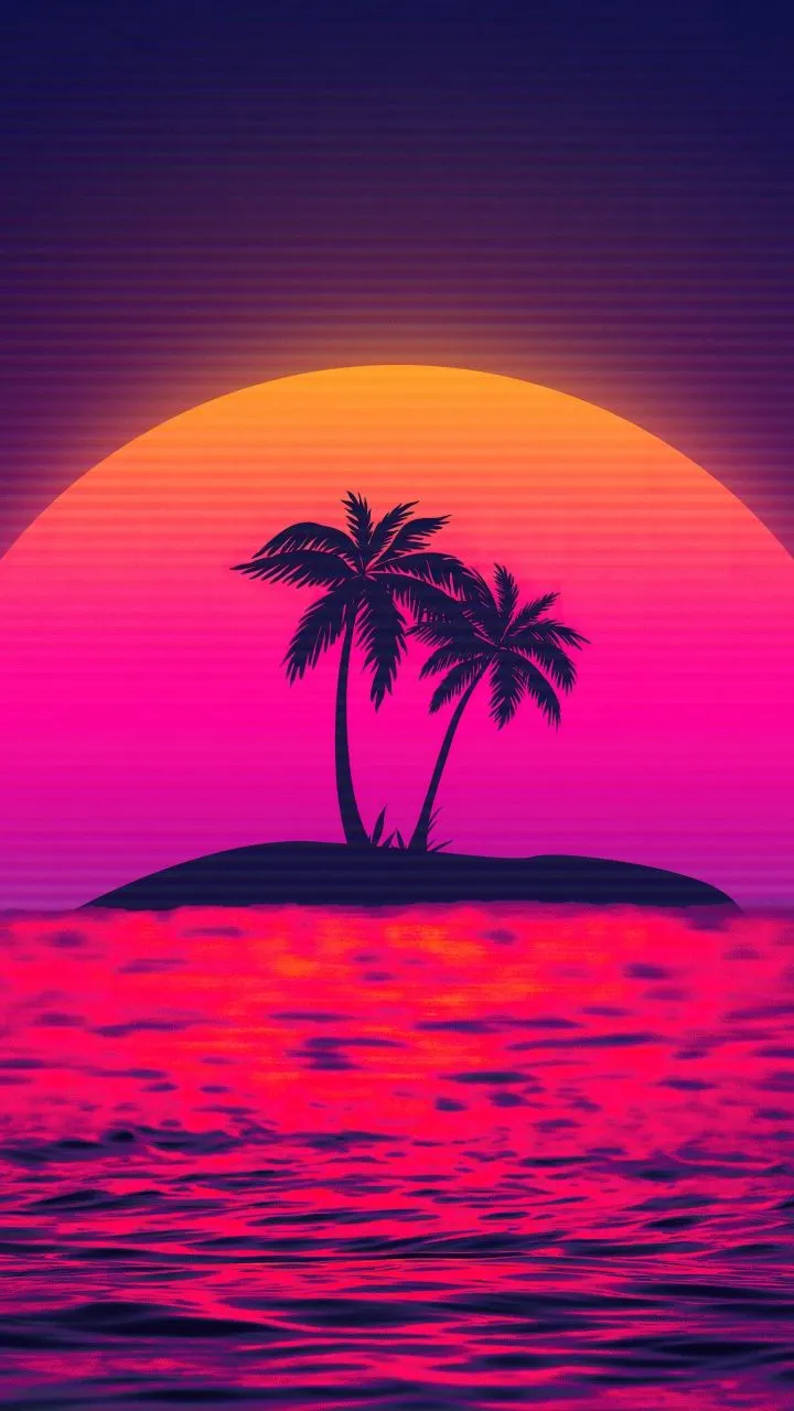 Vaporwave Wallpaper 4K, Sunset, Palm trees, Island, 5K