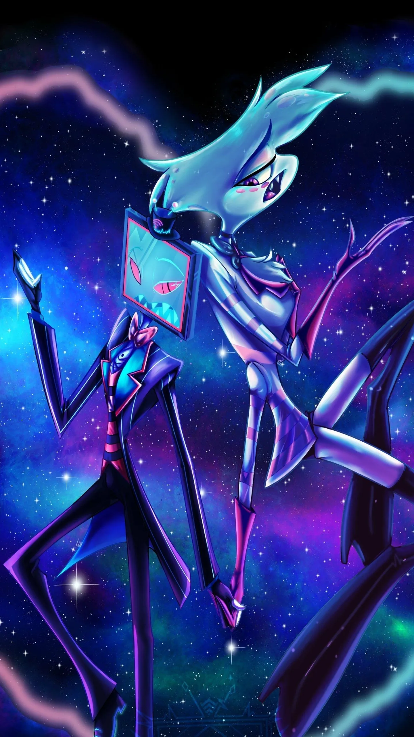 Hazbin Hotel Stars: Vox & Angel Dust Cosmic Phone Wallpaper