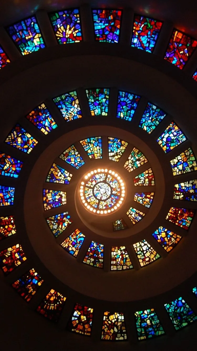 Spiral ceiling Wallpaper 4K, Stained glass, Church