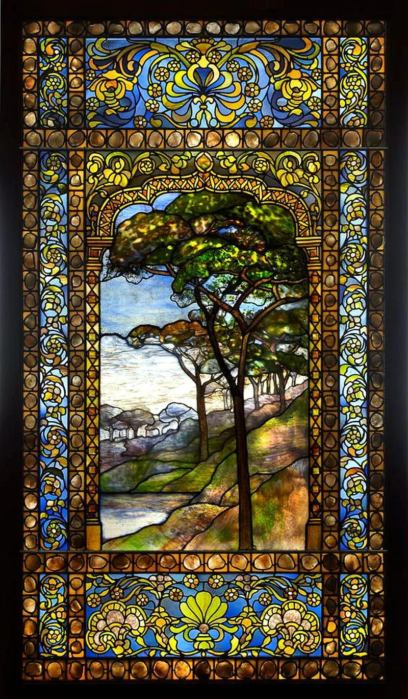 Stained Glass, glass, background, tree, hills, flowers, colourful, HD phone wallpaper