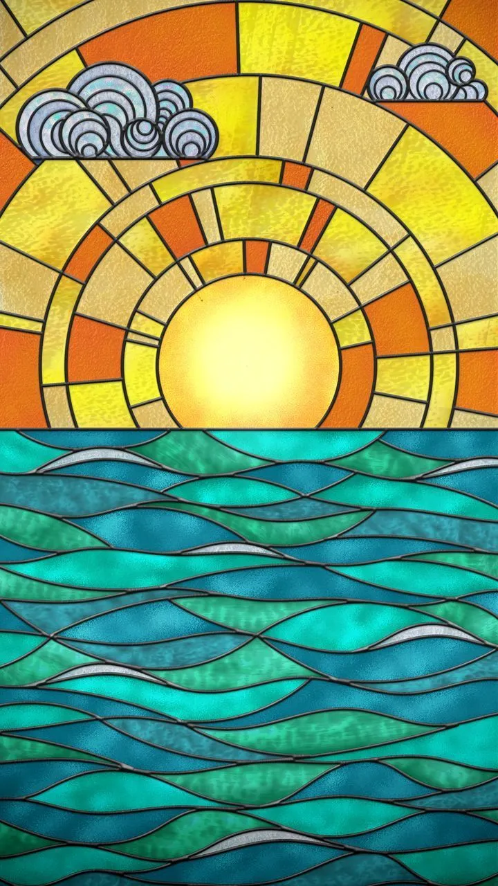 free 4K wallpaper stained glass, glass, mosaic, sun, sea, waves, landscape, art