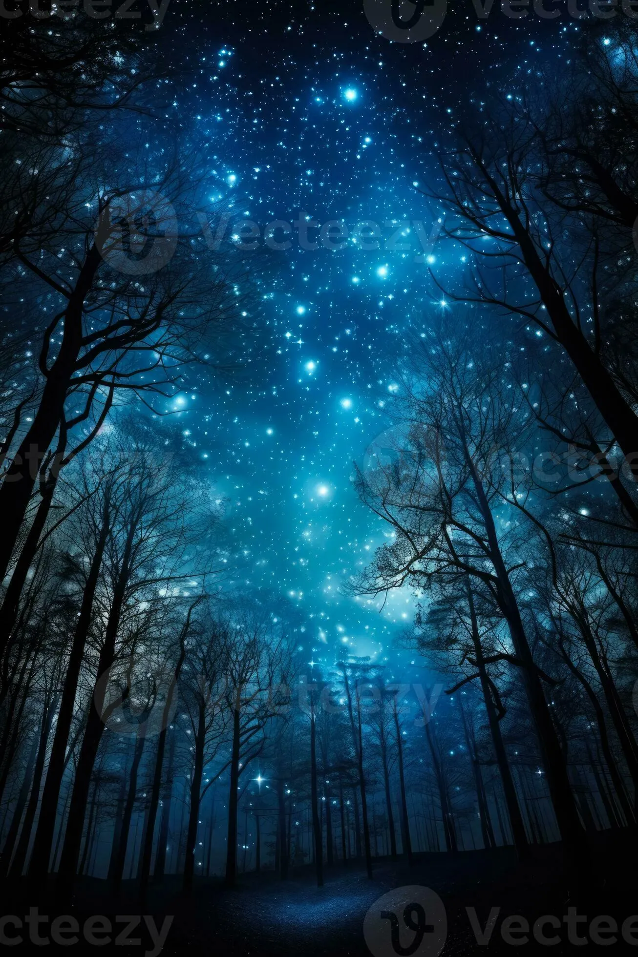 Moonlit forest under starry night sky background with empty space for text