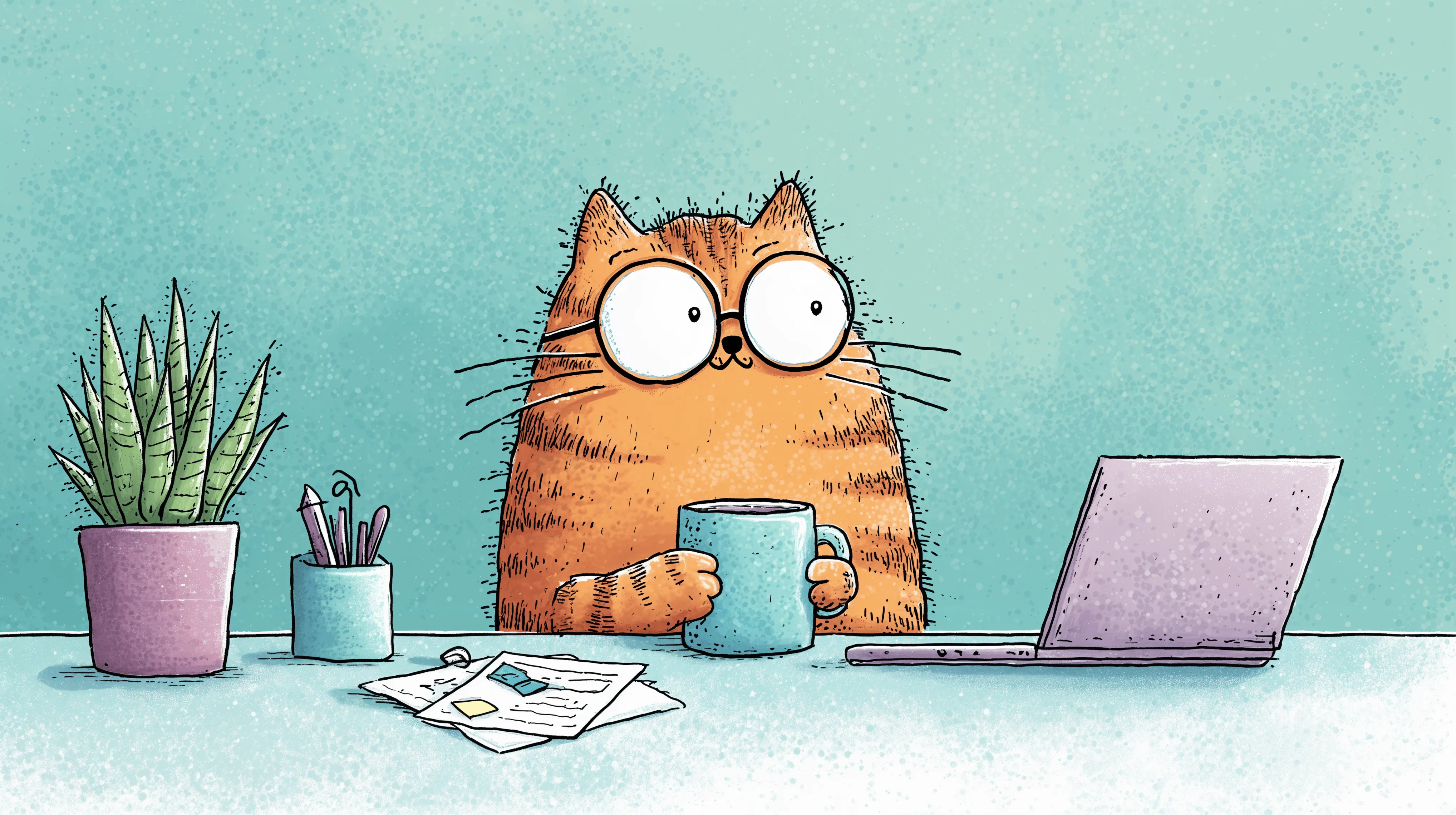 4K Ultra HD Cartoon Cat at Desk Wallpaper