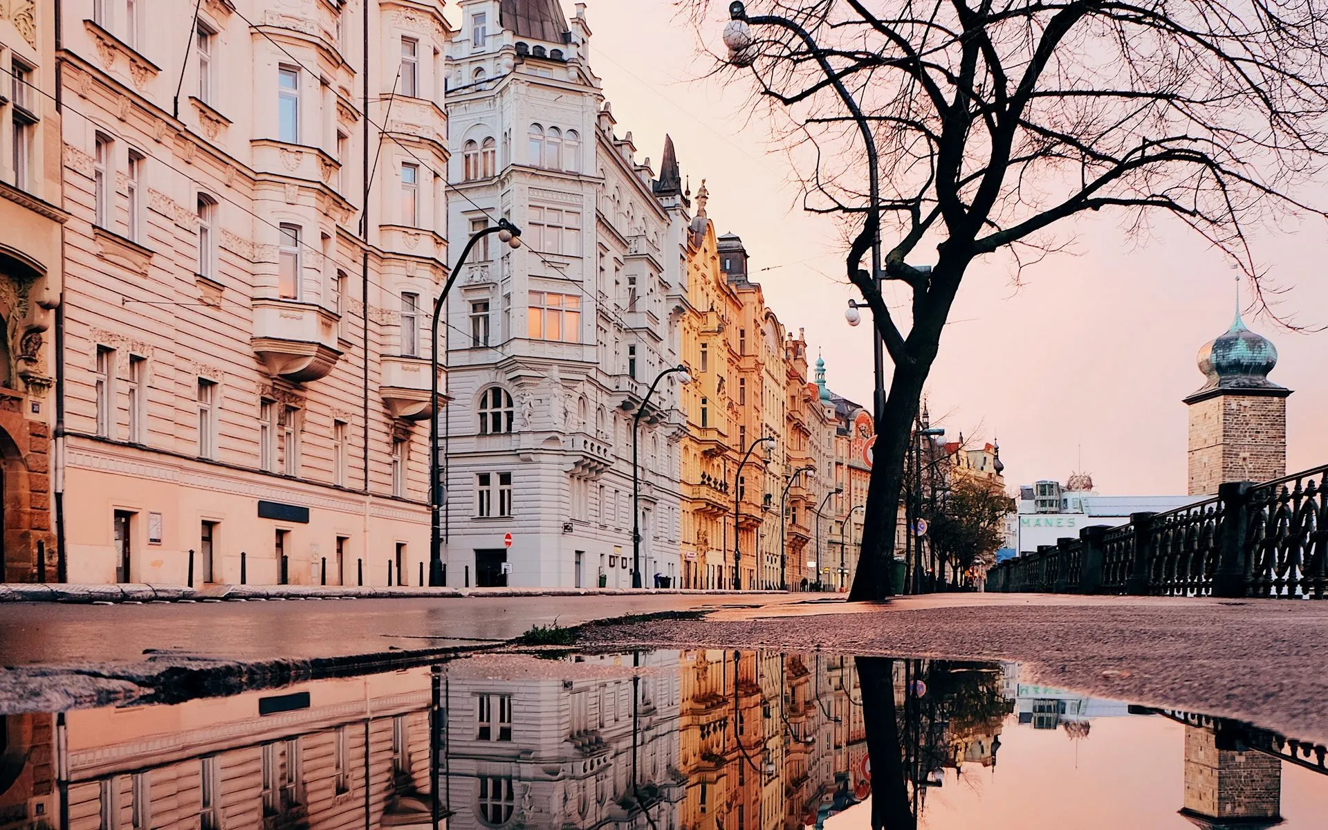 Download wallpaper 1920x1200 architecture, puddle, reflection, city, prague, czechia widescreen 16:10 HD background