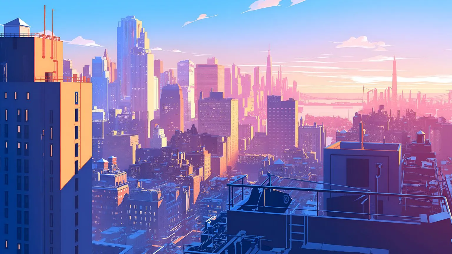 Aesthetic Cityscape Sunrise Rooftop Desktop Wallpaper