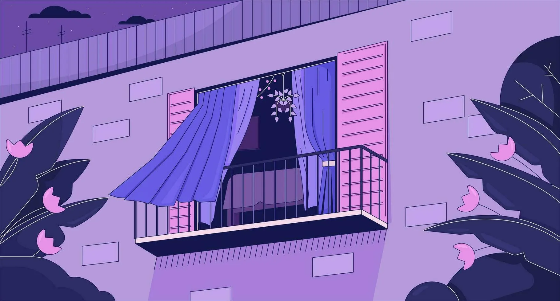 Curtains blowing in wind from opened window chill lo fi background. Balcony 2D vector cartoon exterior illustration, purple lofi wallpaper desktop. Sunset aesthetic 90s retro art, dreamy vibes Vector Art
