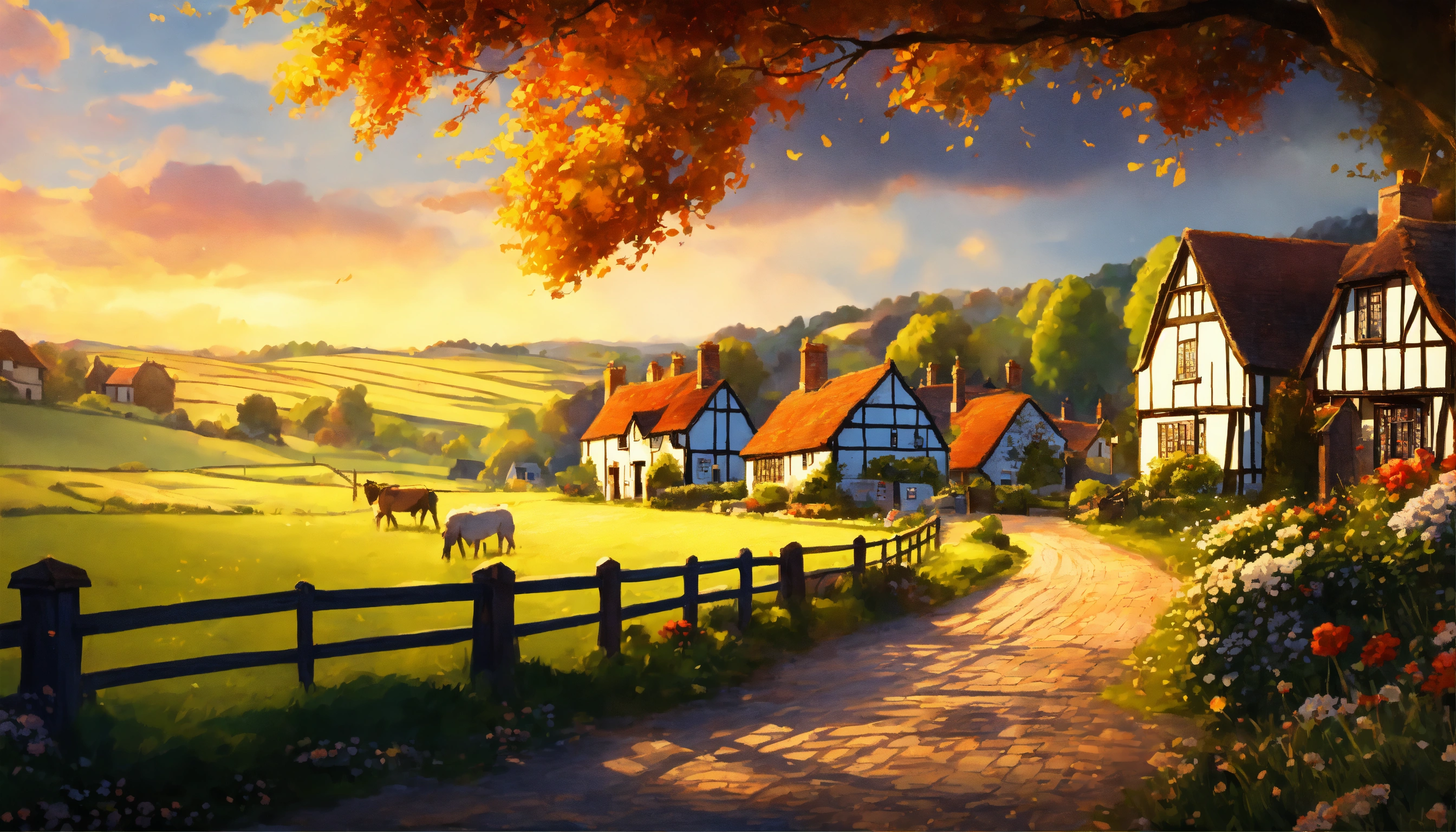 Landscape Desktop wallpaper of a beautiful English country village in the style of illustrator Donald Zolan, 8k, highly detailed, photo real
