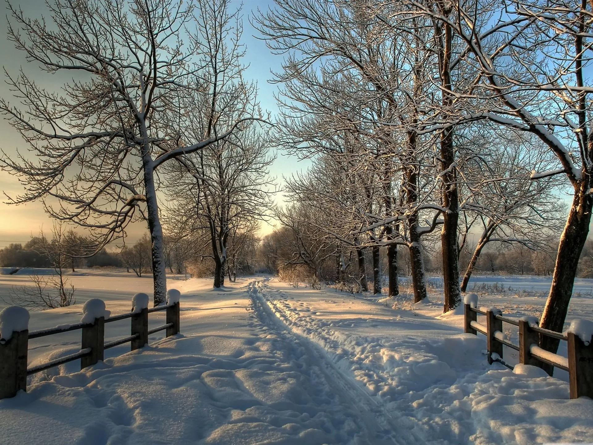 Snowy Country Road Winter Theme Desktop Wallpaper