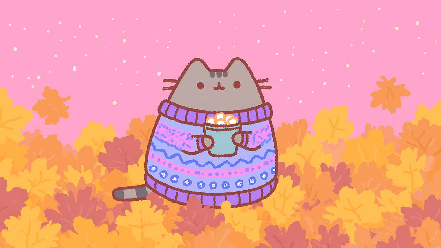 Pusheen Cat Hot Chocolate Pixelated Fall Vibe Desktop Wallpaper