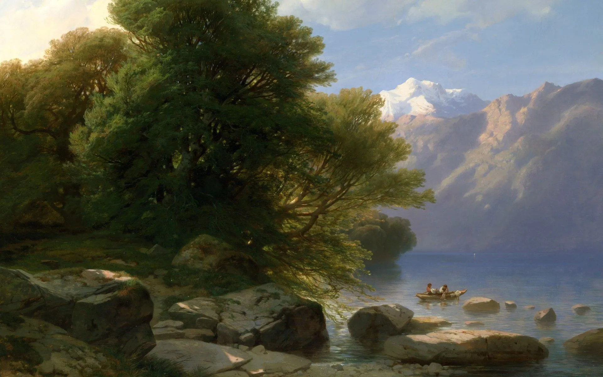 painting, Boat, Rock, Trees, River, Classic Art Wallpaper HD / Desktop and Mobile Background
